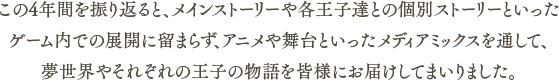 この4年間を振り返ると、メインストーリーや各王子達との個別ストーリーといったゲーム内での展開に留まらず、アニメや舞台といったメディアミックスを通して、夢世界やそれぞれの王子の物語を皆様にお届けしてまいりました。
