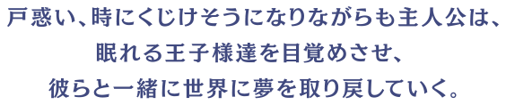 戸惑い、時にくじけそうになりながら主人公は、眠れる王子様達を目覚めさせ、彼らと一緒に世界に夢を取り戻していく。